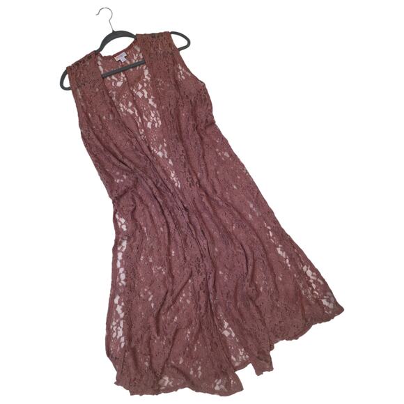 LuLaRoe Joy Vest Large Lace Pink Stretch Longline Layering Duster Boho Romantic - Picture 4 of 8